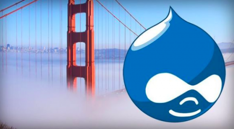 The Drupal Drop in the fog in front of the Golden Gate Bridge