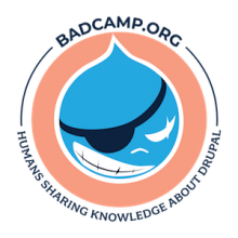 BADCamp.org logo on coral background with Drupal drop